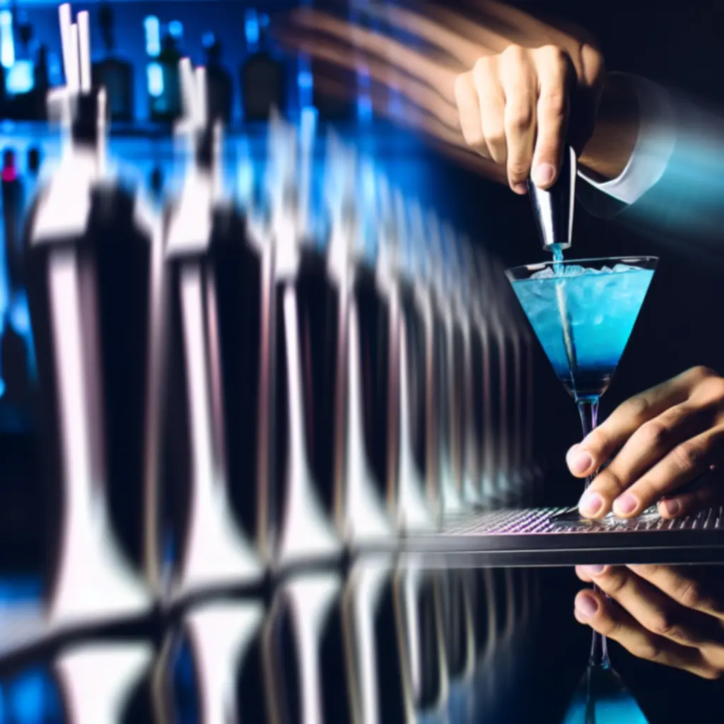 Ręcznie przygotowywany koktajl w barze RelaxVillee w energetycznym, nocnym oświetleniu.