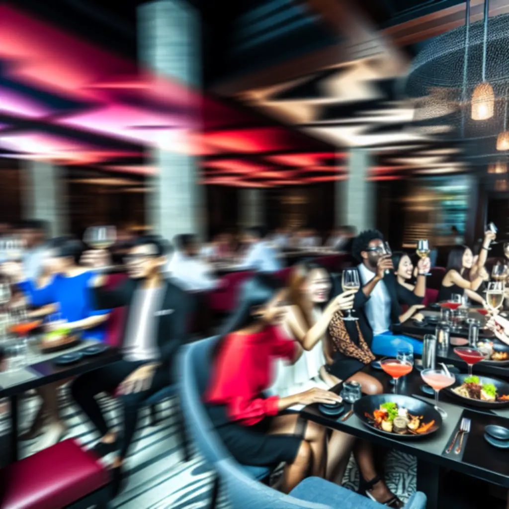 Goście bawiący się i jedzący w pełnej energii sali restauracyjnej RelaxVillee