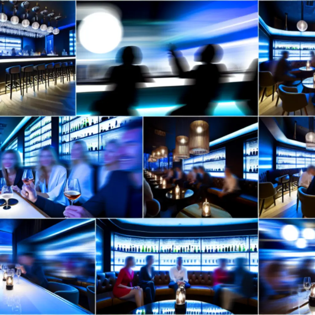 Nocna atmosfera w barze RelaxVillee z dynamicznym oświetleniem i gośćmi przy stolikach