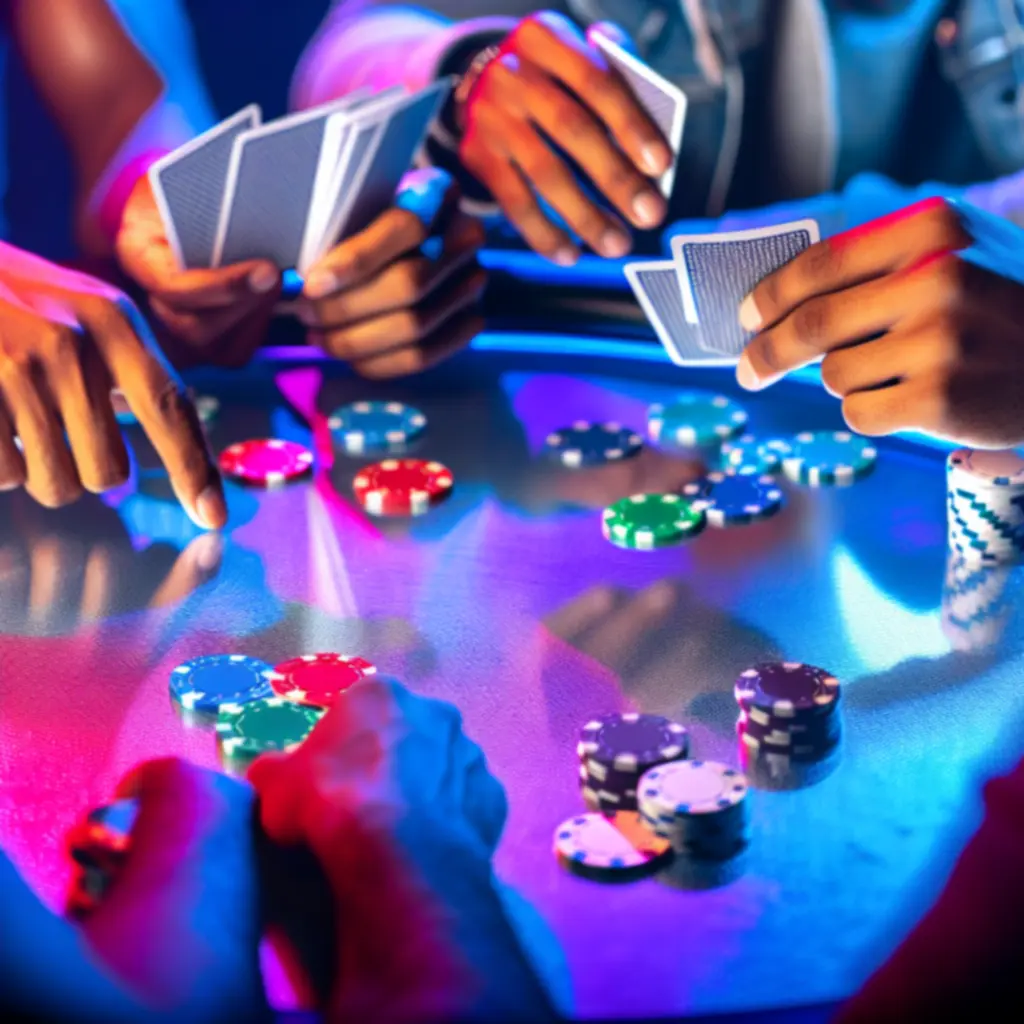 Zbliżenie na stół pokerowy z kartami i żetonami podczas nocnego wydarzenia