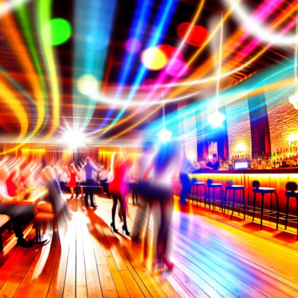 Artystyczne zdjęcie wnętrza RelaxVillee z efektem ruchu i kolorowego światła.