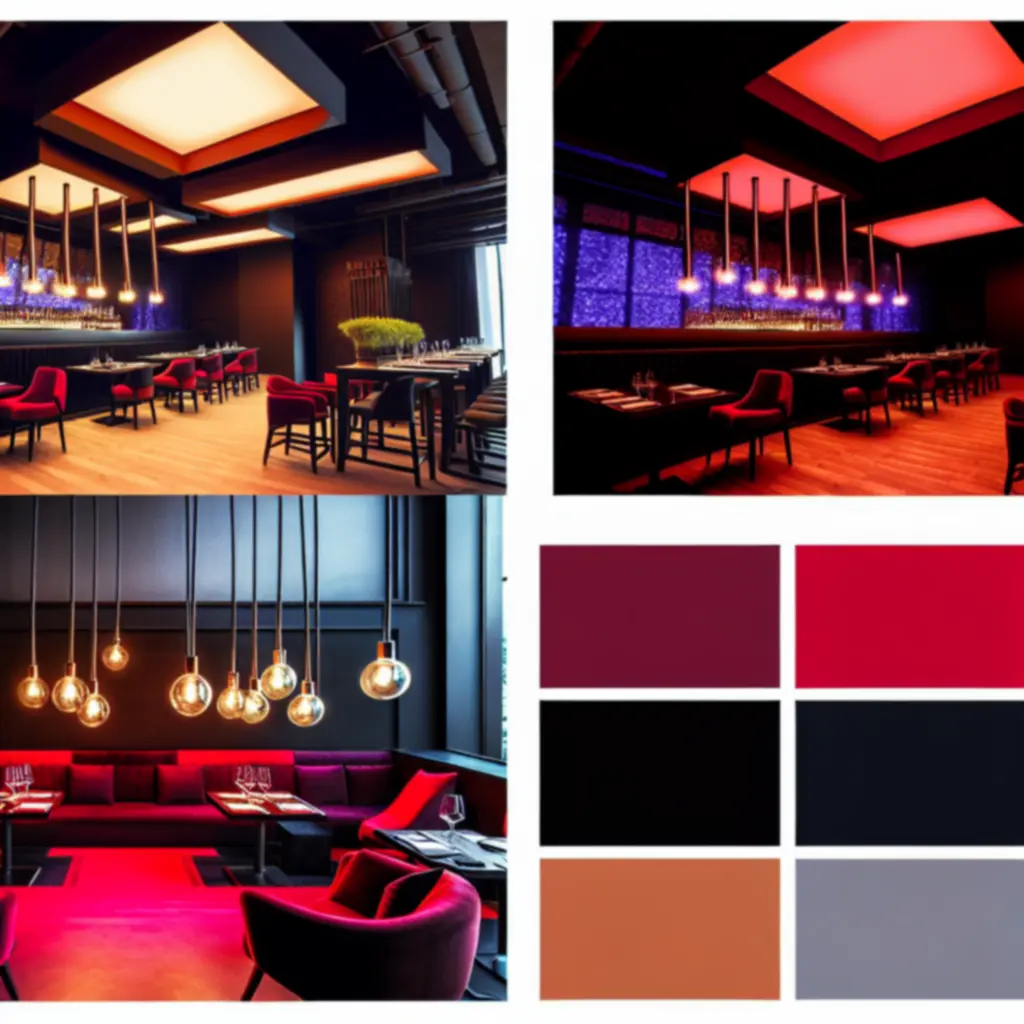 Nowoczesne i eleganckie wnętrze restauracji RelaxVillee z oświetleniem w odcieniach czerwieni i błękitu.