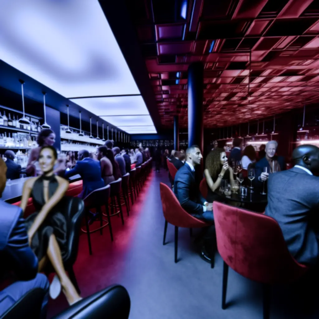 Nocne życie w RelaxVillee – goście przy barze i stolikach w świetle neonów.