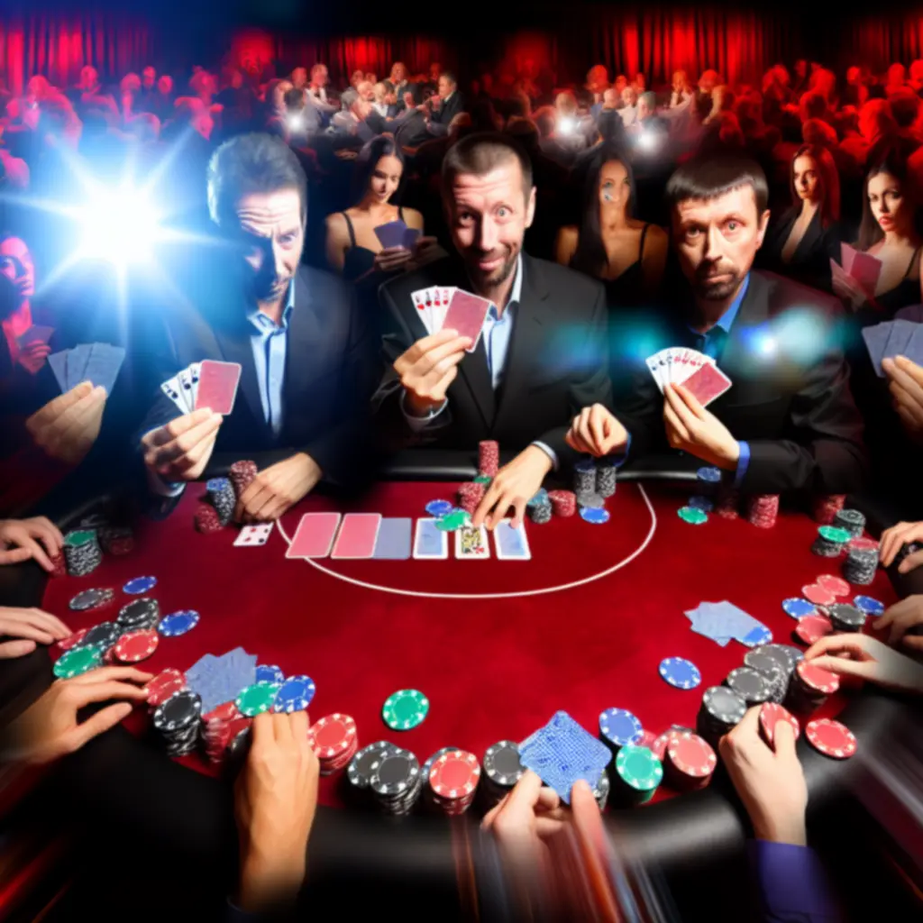 Gracze skupieni przy pokerowym stole w RelaxVillee, żetony i karty w ruchu.