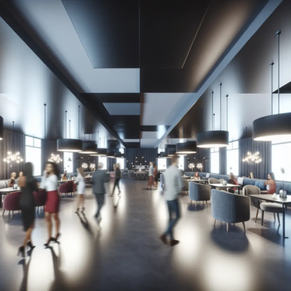 Nowoczesne, przestronne wnętrze głównej sali RelaxVillee z dynamicznym oświetleniem