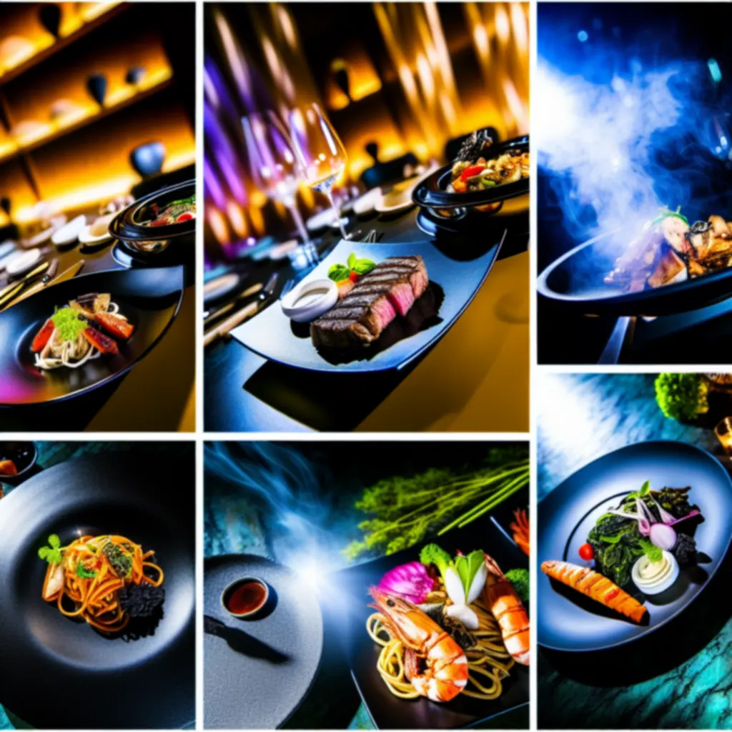 Dramatycznie oświetlone dania główne w stylu fine dining na tle nocnego baru.