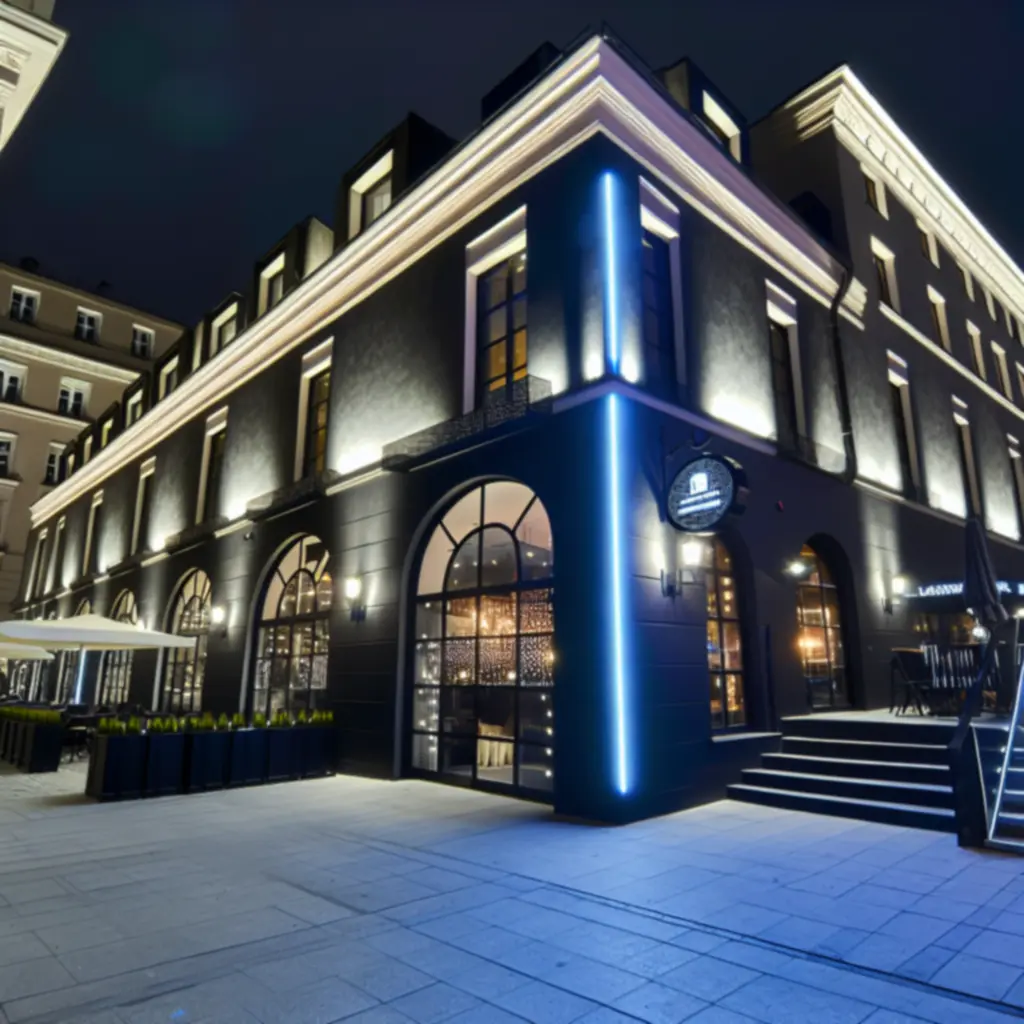 Wejście do restauracji RelaxVillee nocą, oświetlone neonami i światłami miasta